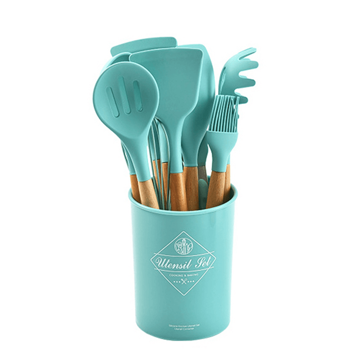 12 Pcs Tableware Set Silicone Wooden Handle Flatware Spoon Tongs Whisk Brush with Storage Box Outdoor Camping Cooking - MRSLM