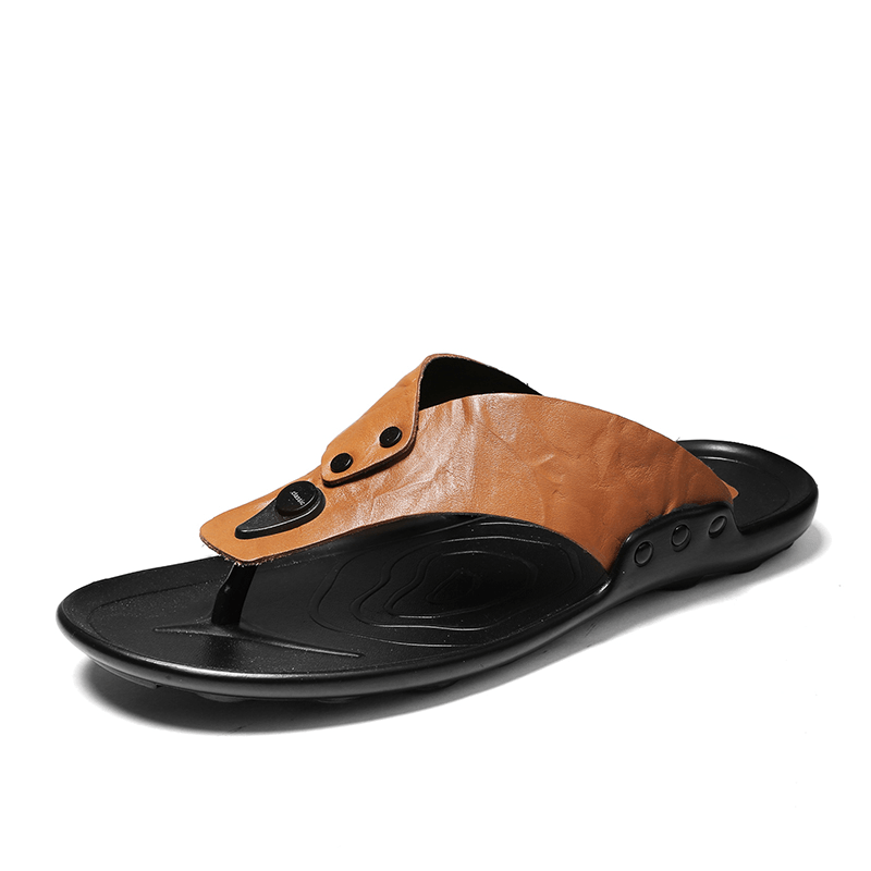 Men Leather Breathable Soft Sole Non Slip Comfy Outdoor Flip Flops Casual Slippers - MRSLM