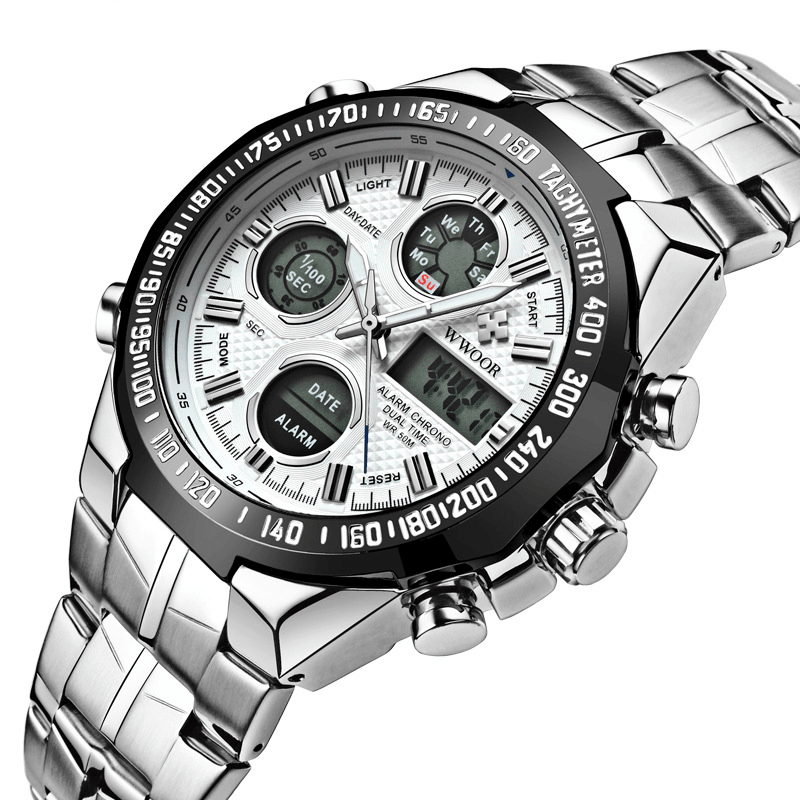 WWOOR 8019 LED Alarm Digital Watch Full Steel Business Style Dual Display Watch - MRSLM