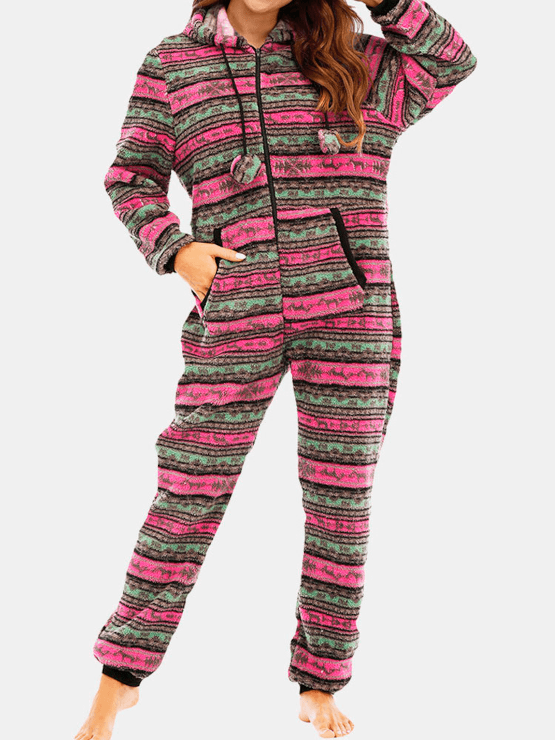 Women Christmas Fleece Striped Home Drawstring Long Sleeve One Sets Hooded Pajamas - MRSLM