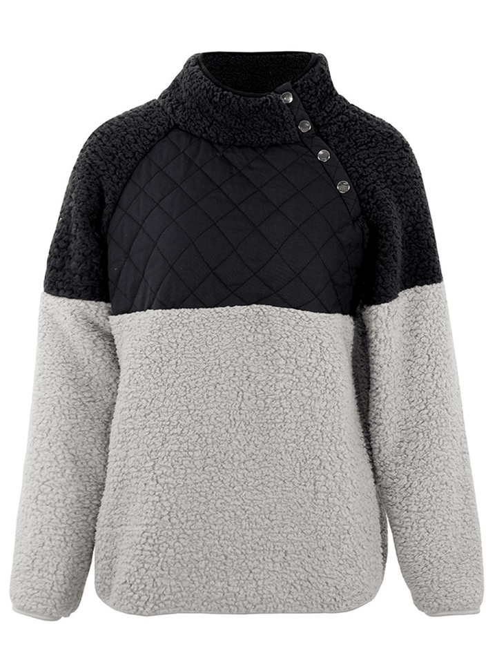 Women Casual Fleece Button High Collar Patchwork Sweatshirt - MRSLM