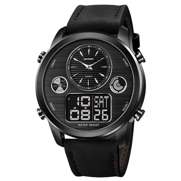 SKMEI 1653 Fashion Men Digital Watch Date Week Luminous Display Stopwatch Countdown Leather Strap Dual Display Watch - MRSLM