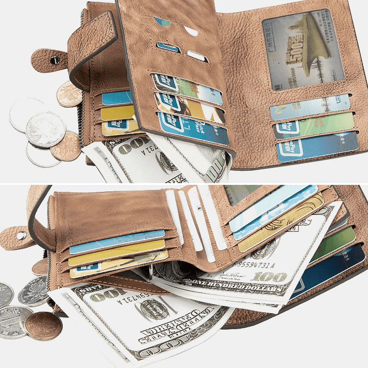 Men Hand Rubbed Color Bifold Cowhide Wallet Retro Short Multi-Card Slot Card Case Coin Purse - MRSLM