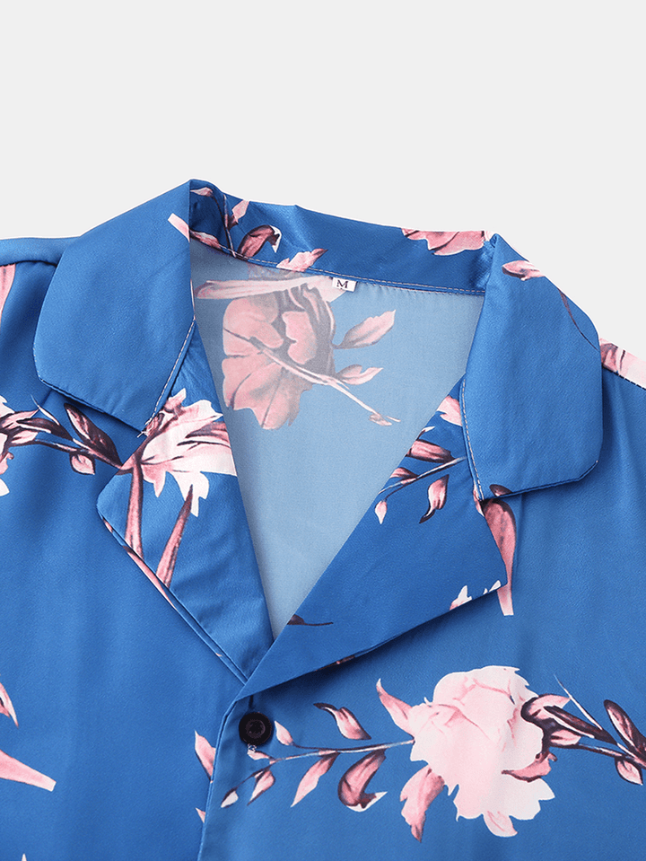Men Floral Print Revere Collar Short Sleeve Home Breathable Pajama Set Sleepwear - MRSLM