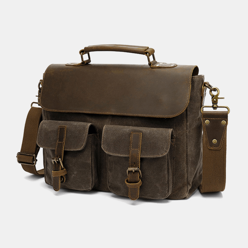 Men Vintage Multi-Pockets Wear-Resistant Genuine Leather Briefcase Crossbody Shoulder Bag - MRSLM