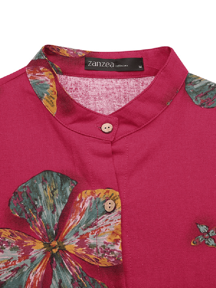 Women Cotton Flowers Print Kaftan Long Sleeve Retro Shirt Dress - MRSLM