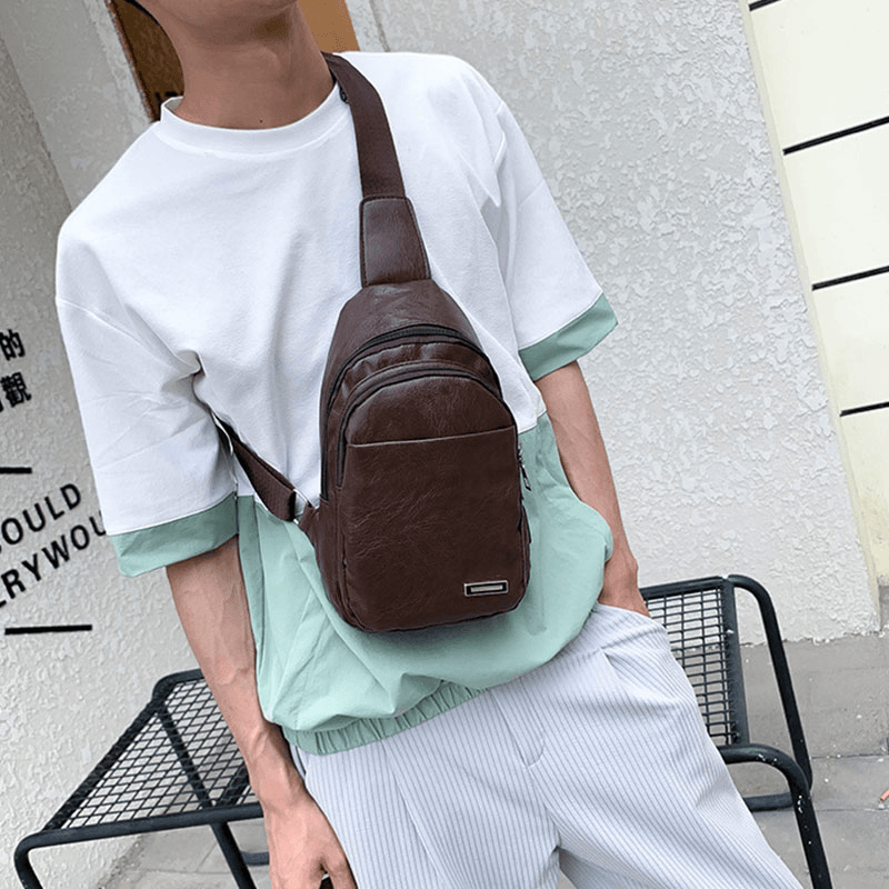 Men Multi-Pocket PU Leather Crossbody Bag Chest Bag Sling Bag - MRSLM