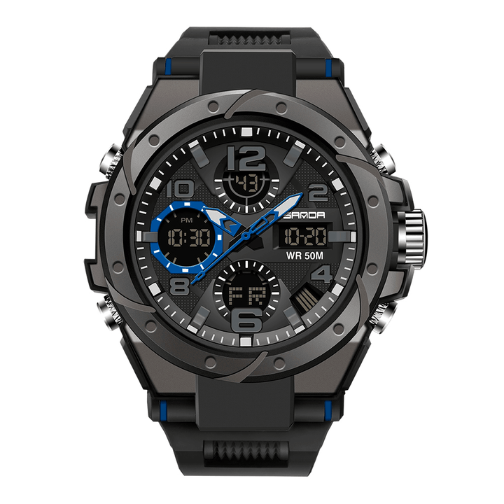 SANDA 6008 Sport Style Alarm Clock Luminous Display Watch Fashion Men Waterproof Dual Display Digital Watch - MRSLM