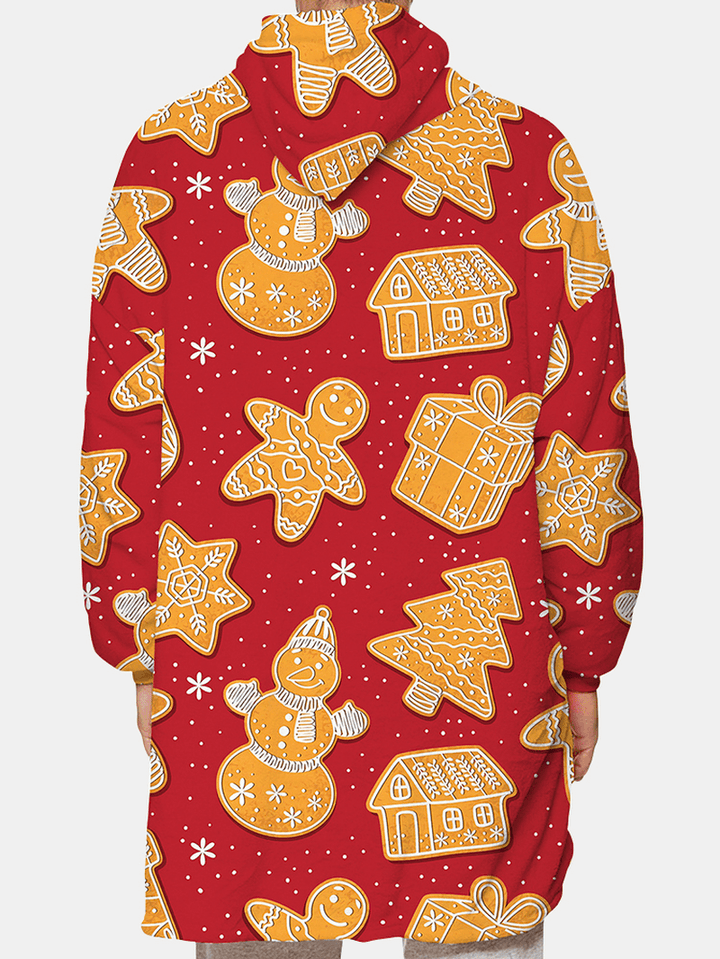 Mens Christmas Gingerbread Print Reversible Fleece Lined Blanket Hoodie Warm Loungewear with Pocket - MRSLM