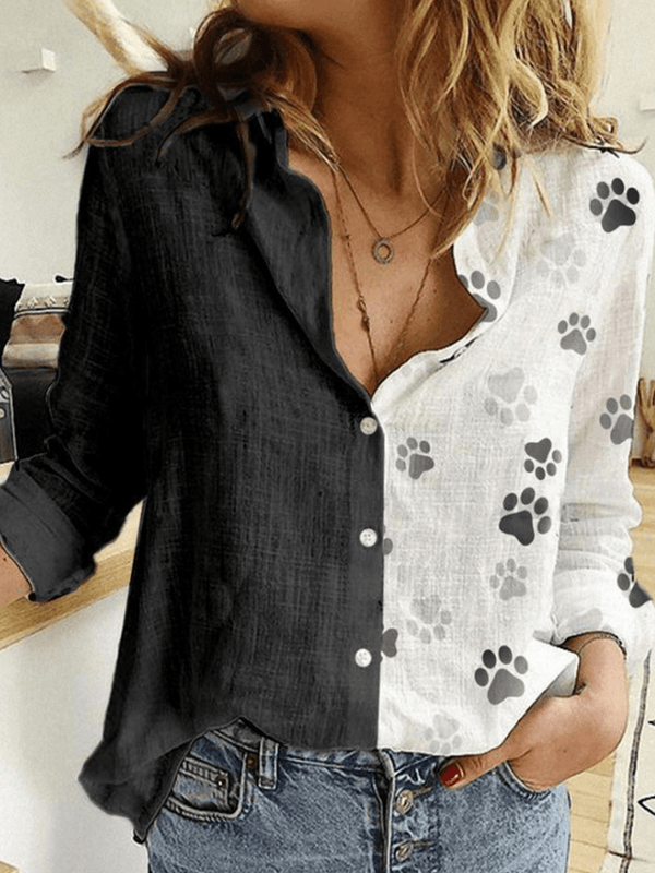 Women Paw Print Patchwork Long Sleeve Button Casual Shirts - MRSLM