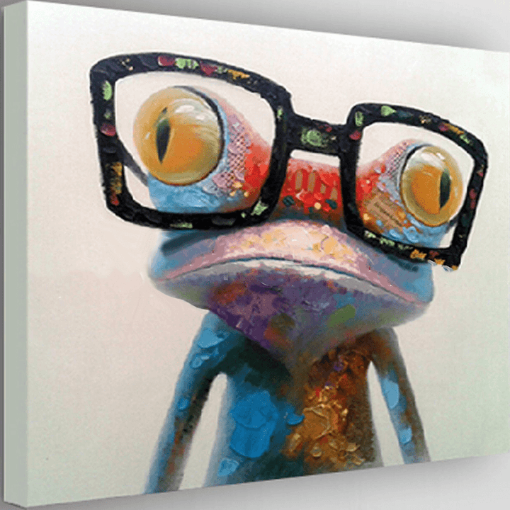 Miico Hand Painted Oil Paintings Animal Modern Art Happy Frog with Glasses on Canvas Wall Art for Home Decoration 30X30Cm - MRSLM