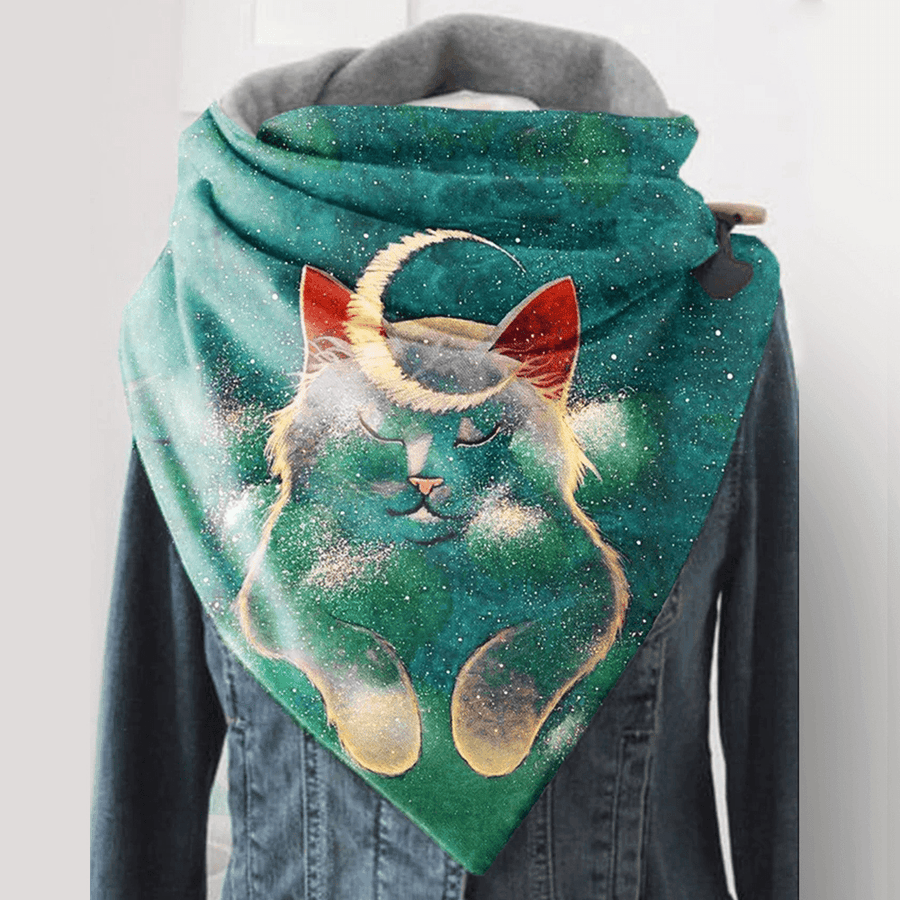Women Cute Napped Cat and Moon Pattern Thick Soft Neck Protection Keep Warm Scarf - MRSLM