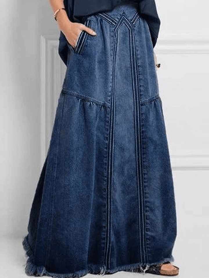 Women Distressed Solid Color Elastic Waist Loose Denim Skirt with Pocket - MRSLM