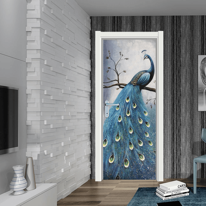 PVC Living Room Door Stickers Wallpaper Poster Peacock Waterproof Home Decoration - MRSLM