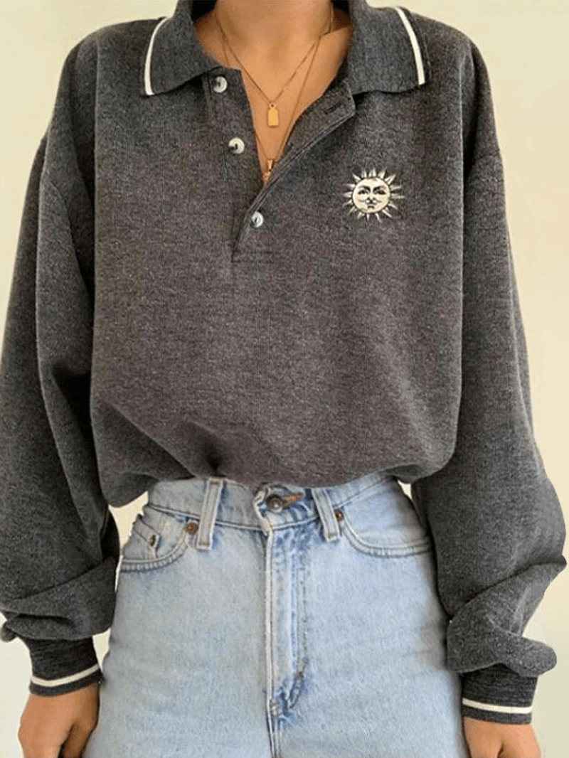 Women Funny Sun Button Lapel Casual Loose Fit Long Sleeve Sweatshirt - MRSLM