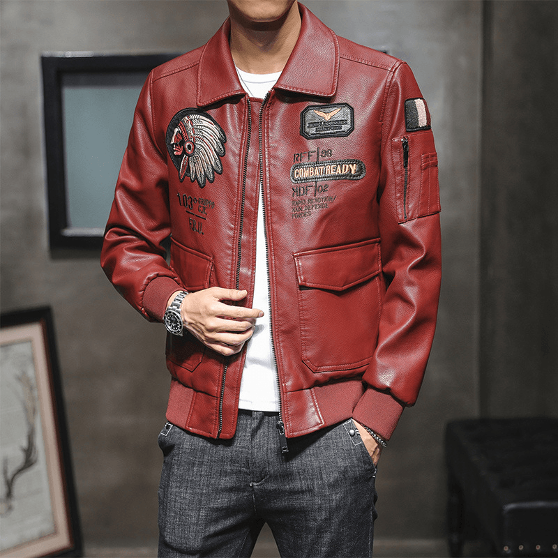 Men'S Pu Leather Jacket Men'S Lapel Embroidery Motorcycle Jacket - MRSLM