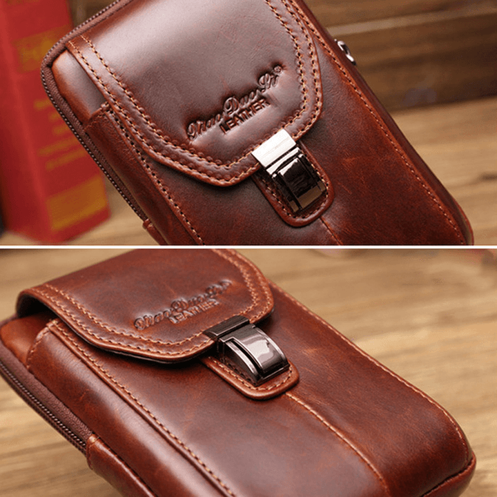 Men Business Waist Bag Genuine Leather Casual 5.2/5.7/6 Inches Phone Bag Shoulder Crossbody Bag - MRSLM