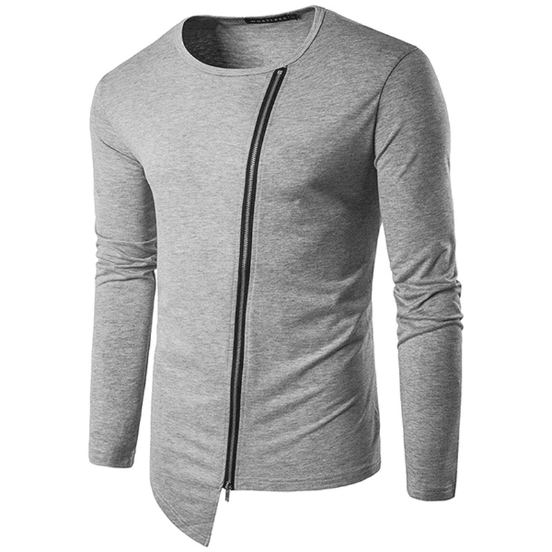 Personality Irregular Oblique Zipper Long Sleeve T-Shirt Casual Men'S Street Wind Tops Tees - MRSLM