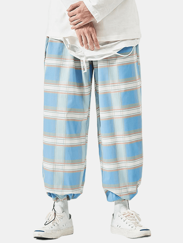 Mens Plaid Relaxed Fit Drawstring Cuff Pants with Pocket - MRSLM