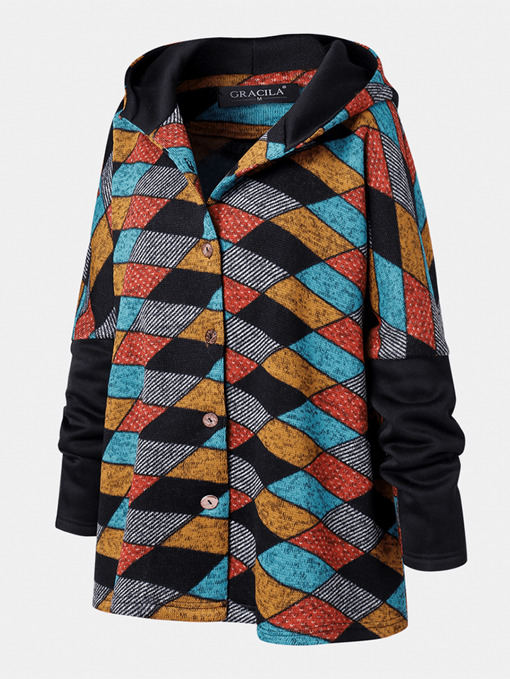 Women Vintage Geometric Color Block Print Patchwork Long Sleeve Hooded Coats - MRSLM