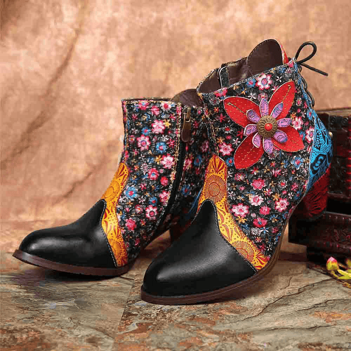 Women Retro Leaf Flower Leather Comfy Zipper Ankle Boots - MRSLM