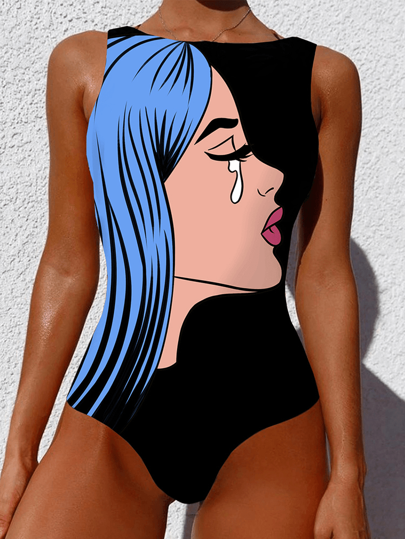Abstract Figure Print Sleeveles Backless One-Piece Summer Beach Swimwear for Women - MRSLM