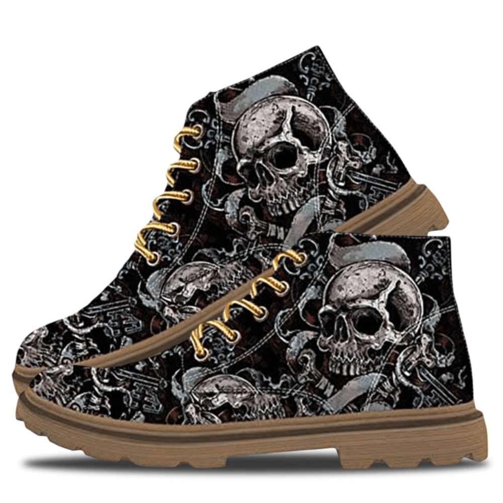 Men Leather Halloween Soft Sole Non Slip Skull Printing Casual Ankle Boots - MRSLM