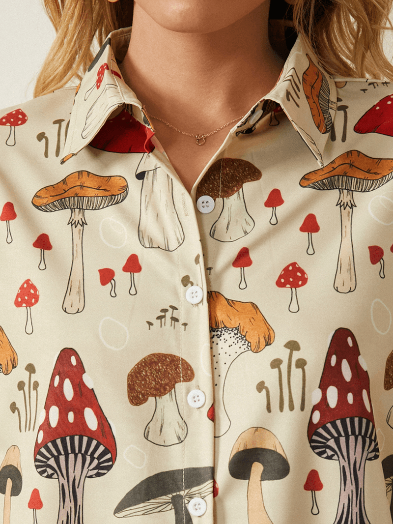 Casual Mushroom Print Lapel Collar Half Sleeve Button Blouse for Women - MRSLM
