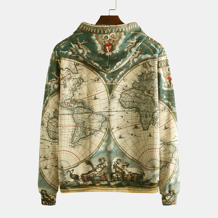 Mens Fashion World Map Adventure Printing Long Sleeve Hooded Sweatshirt - MRSLM