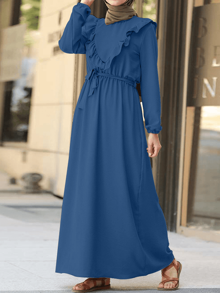 Women Ruffle Trims Lace-Up Solid Color O-Neck Casual Long Sleeve Maxi Dress - MRSLM