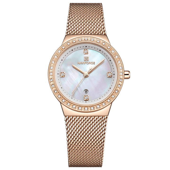 NAVIFORCE 5005 Diamonds Casual Style Ladies Wrist Watch Mesh Steel Date Display Quartz Watch - MRSLM