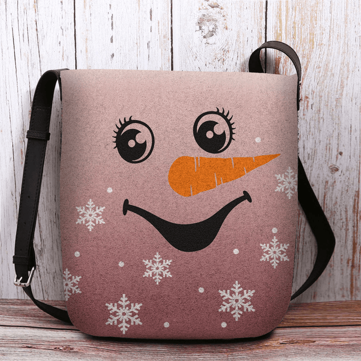 Women Felt Cute Festive Christmas Smile Snowman Snowflakes Print Crossbody Bag Shoulder Bag - MRSLM