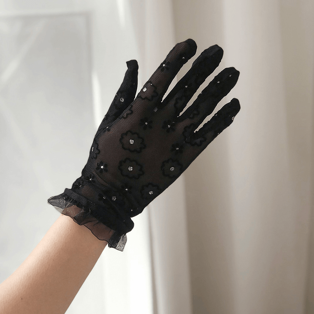 Women Flower Rhinestone Decorate Lace Gloves Fashion Fabric Sunshade Breathable Short Split Finger Gloves Full Finger Gloves - MRSLM
