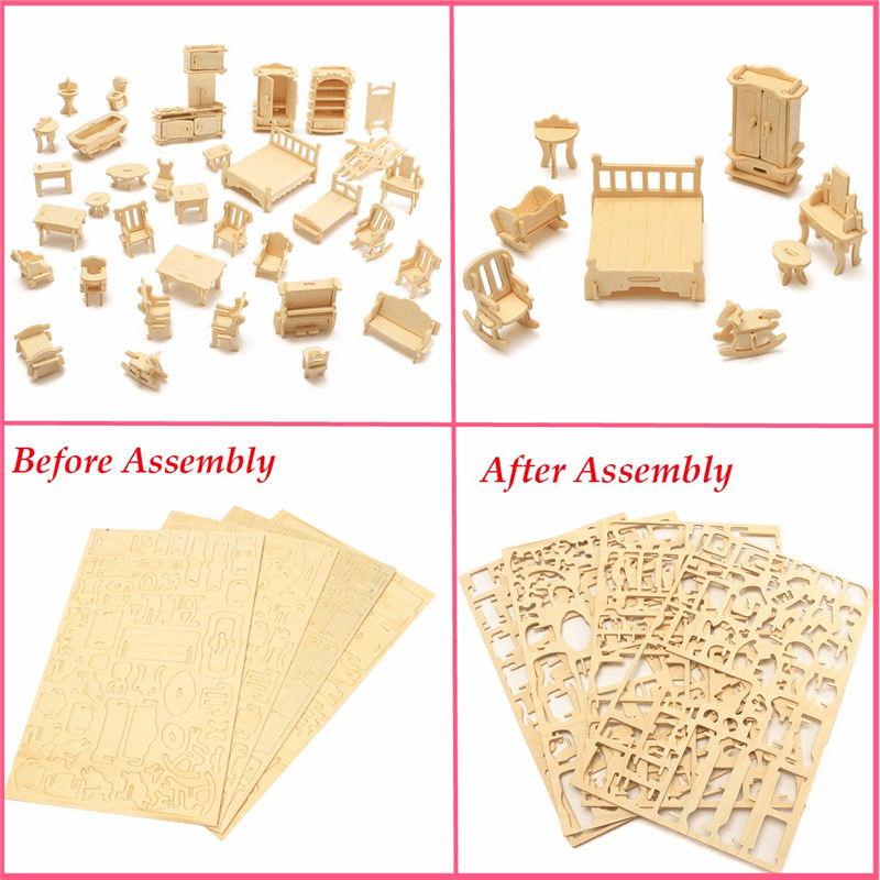 34 Pcs 3D DIY Wooden Miniature Dollhouse Furniture Model Unpainted Suite Toys - MRSLM