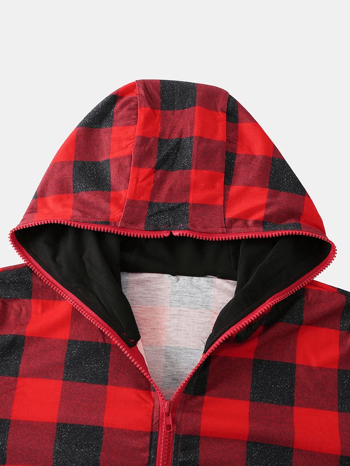 Mens Classical Plaid Print Front Pocket Long Sleeve Zipper Hooded Jumpsuit Home One-Piece Pajamas - MRSLM