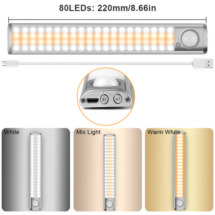 80/120/160Leds 3 Light Colors PIR Motion Sensor Led Cabinet Light Dimmable Wardrobe Closet Lights USB Rechargeable Night Lamp 3 Modes - MRSLM