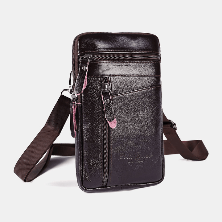 Men Genuine Leather Large Capacity Vintage 6.5 Inch Phone Bag Waist Bag Crossbody Bag Shoulder Bag - MRSLM