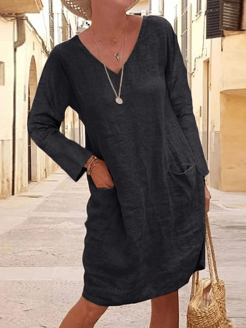 Women Cotton Solid V-Neck Casual Long Sleeve Midi Dress with Pockets - MRSLM