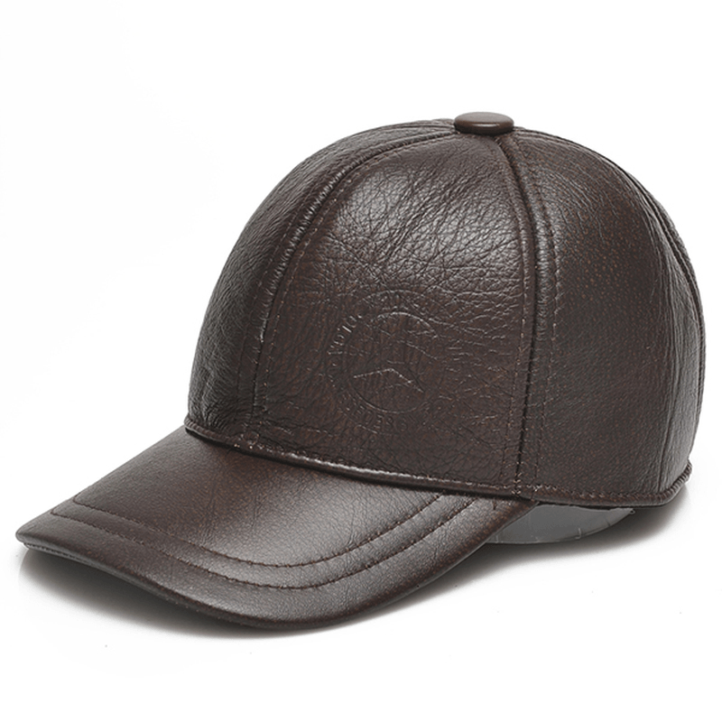 Mens Cowhide Leather Earflap Ear Muffs Baseball Cap Winter Warm Windproof Gentleman Golf Hats - MRSLM