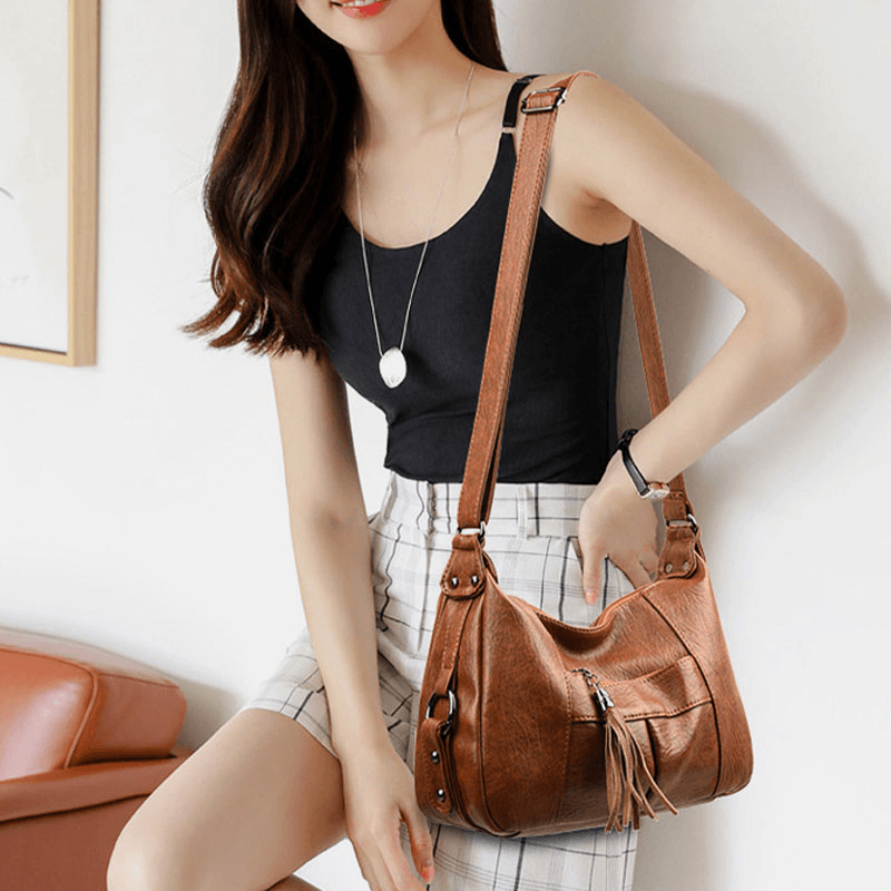 Women Vintage Faux Leather Large Capacity Multi-Pockets Crossbody Bag Shoulder Bag - MRSLM