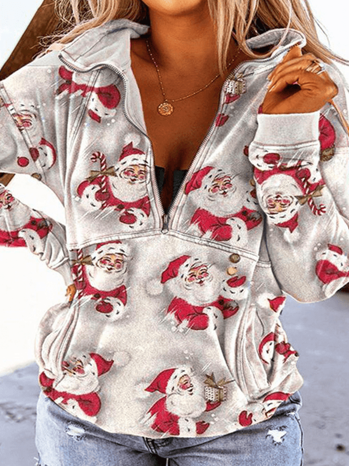 Women Cartoon Santa Claus Print Drop Sleeves Pullover Long Sleeve Sweatshirts - MRSLM