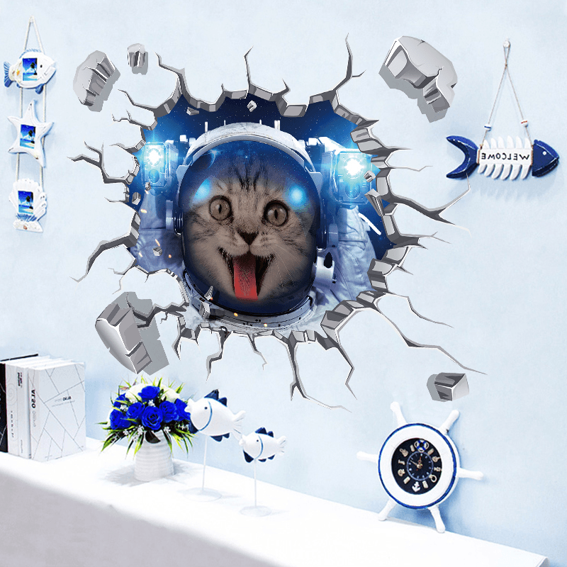 Miico Creative 3D Space Astronaut Cat Broken Wall PVC Removable Home Room Decorative Wall Floor Decor Sticker - MRSLM