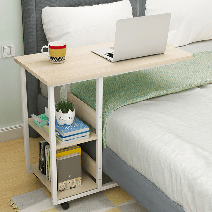 Multifunctional Movable Bedside Laptop Desk Computer Table Study Table Computer Stand with 2 Tiers Storage Shelves Bookshelf - MRSLM