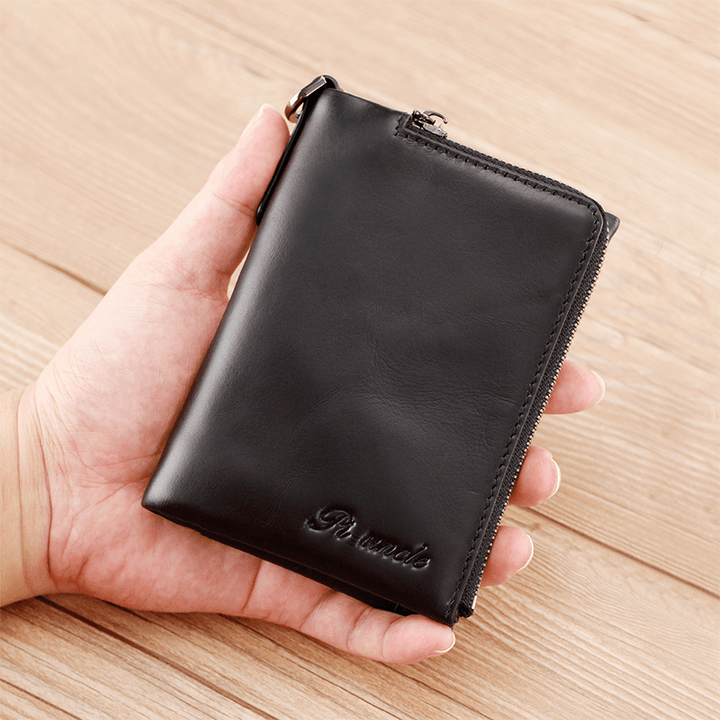 Men Genuine Leather RFID Anti-Theft Zipper Ultra-Thin Multi-Slot Foldable Card Holder Wallet - MRSLM