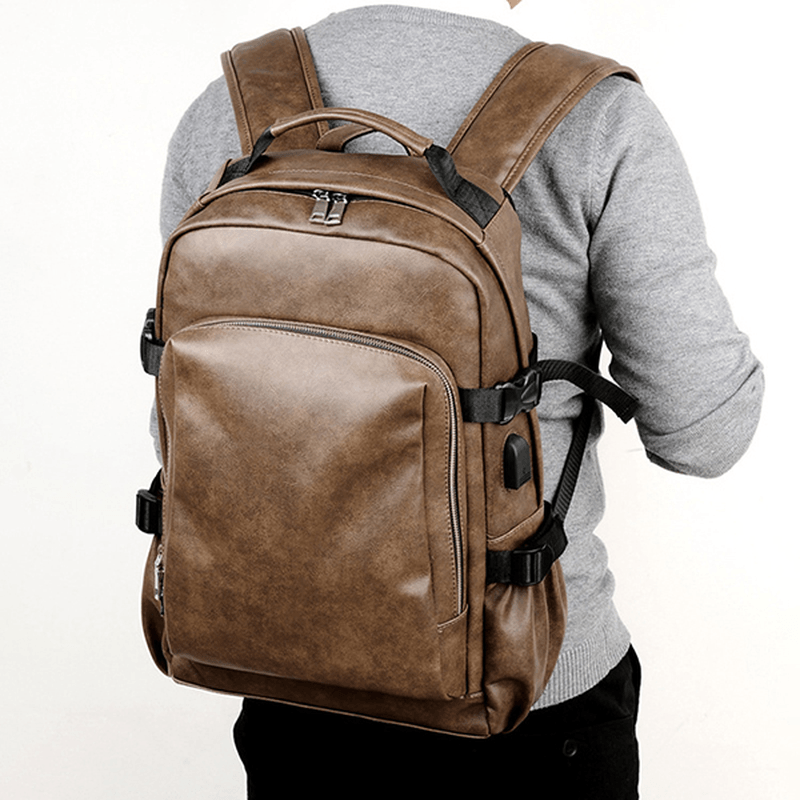 Men Business PU Leather Solid Backpack Casual Computer Bag - MRSLM