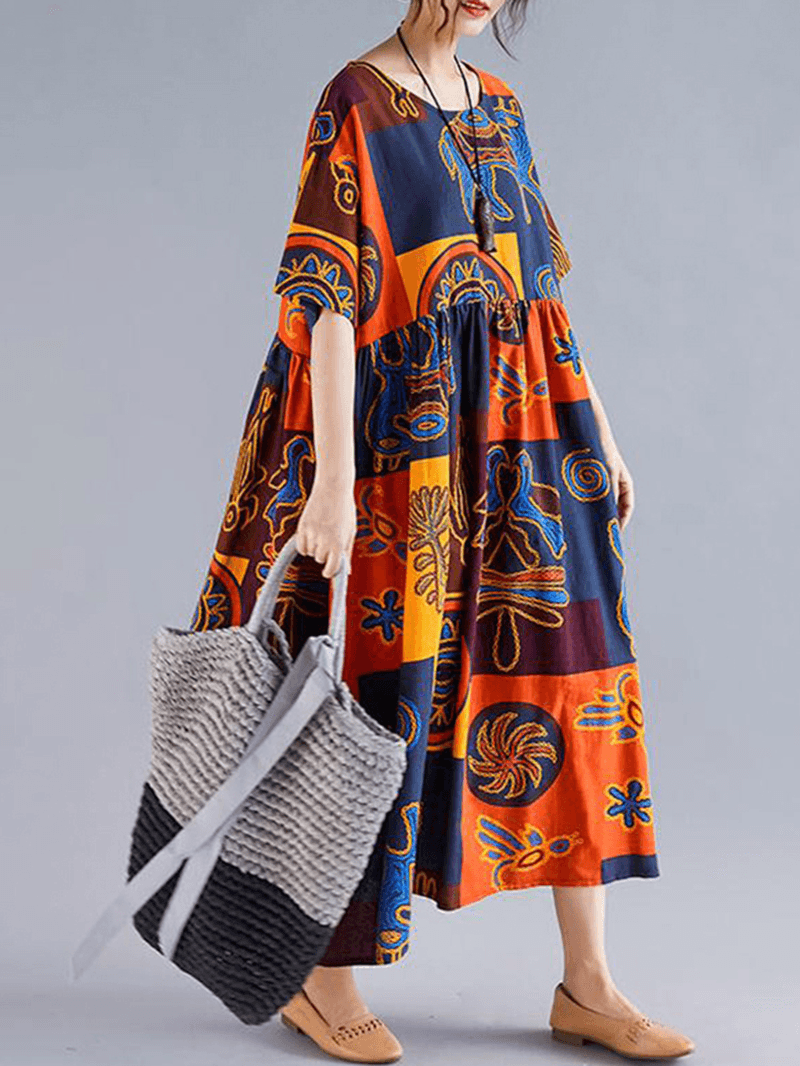Women Retro Folk Style Print Loose O-Neck Short Sleeve Dress - MRSLM