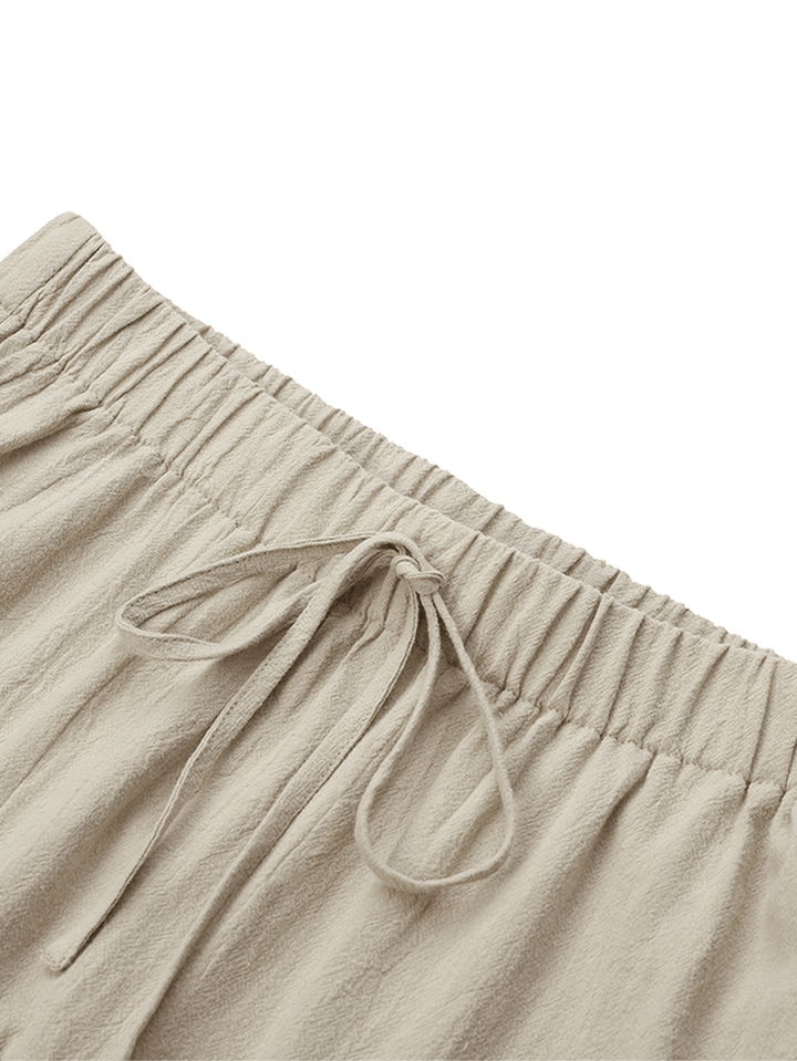Women Solid Color Cotton Pleats Elastic Waist Drawstring Loose Pants - MRSLM