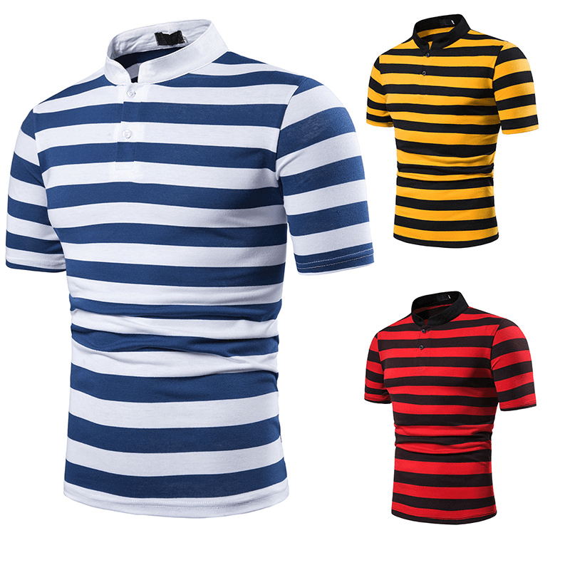 Men'S Polo Fashion Thick Stripes Men'S Casual Stand-Up Collar Short-Sleeved Polo Shirt - MRSLM
