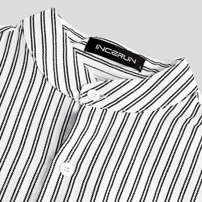 Mens Collarless Shirts Vintage Striped Shirt Grandad Button down Linen Loose Top - MRSLM