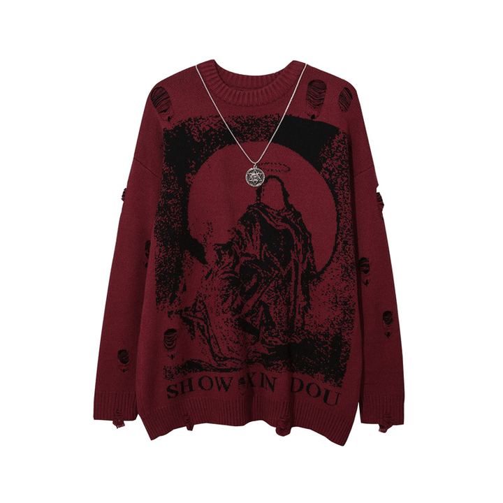 Street Hip-Hop Ripped Hole Oversized Pullover Sweater - MRSLM